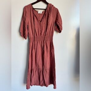 Bohme Embroidered Boho Prairie Dress Small Dusty Rose Smocked Cottagecore Midi